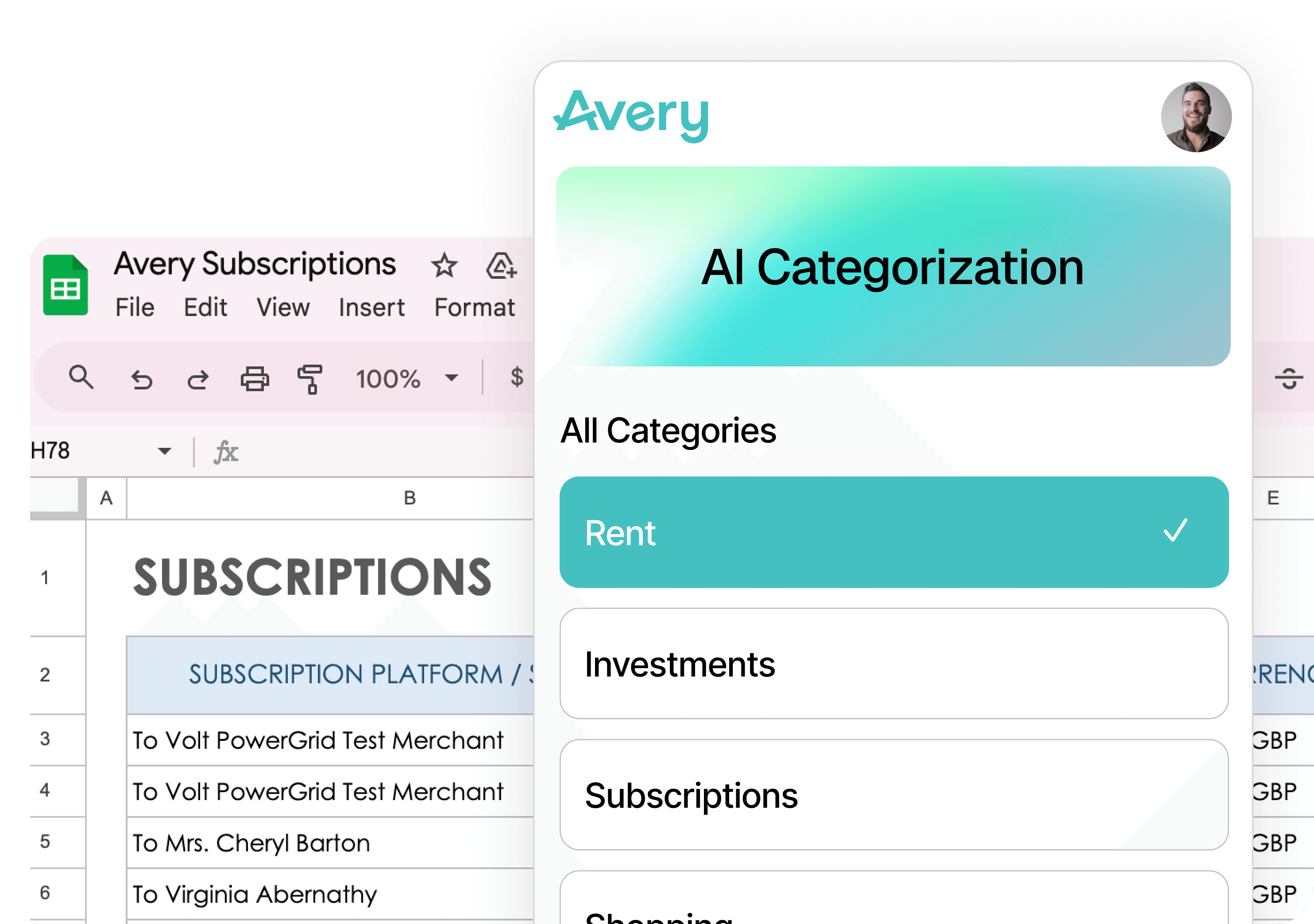 Avery AI categorization view in Google Sheets