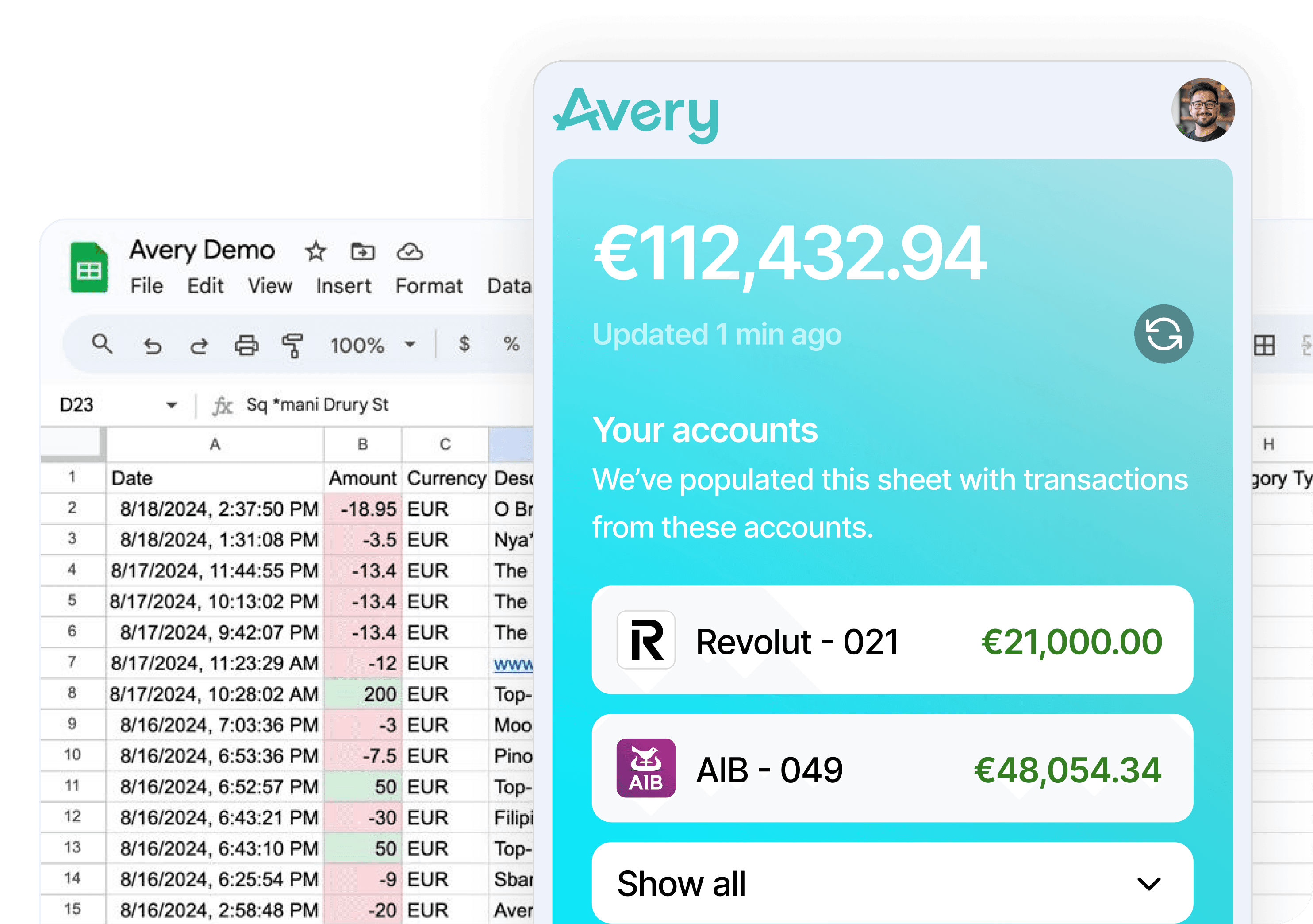 Avery sidebar with synced bank accounts in Google Sheets