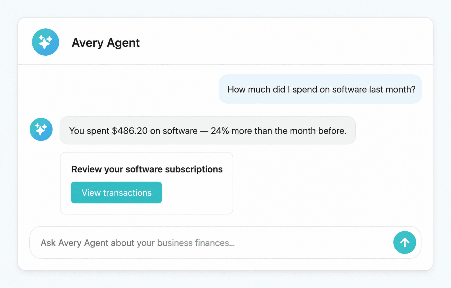 Illustrative Avery Agent conversation about a consultant’s software expenses and subscriptions