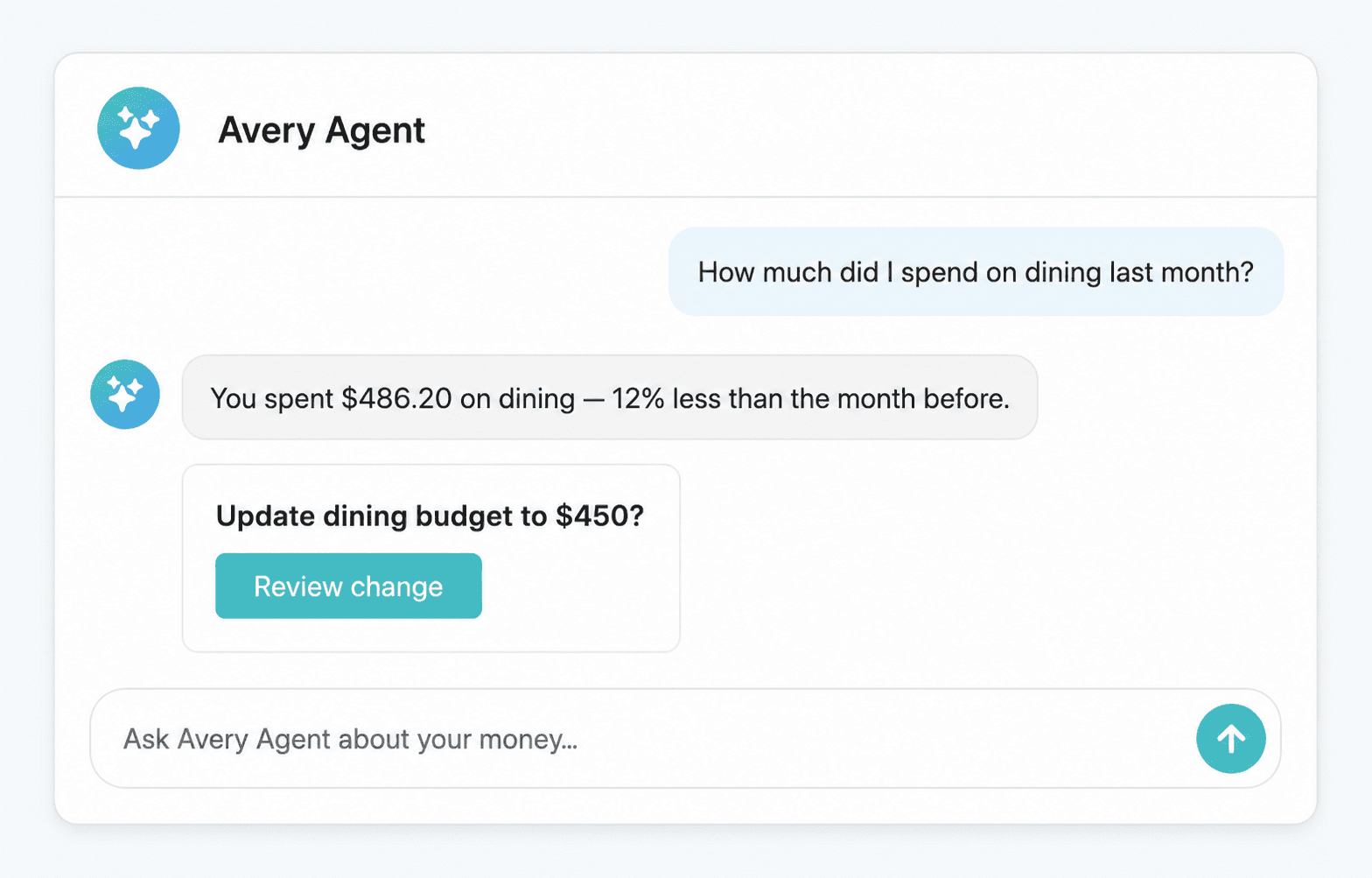 Avery Agent answering a spending question and preparing an approved budget change